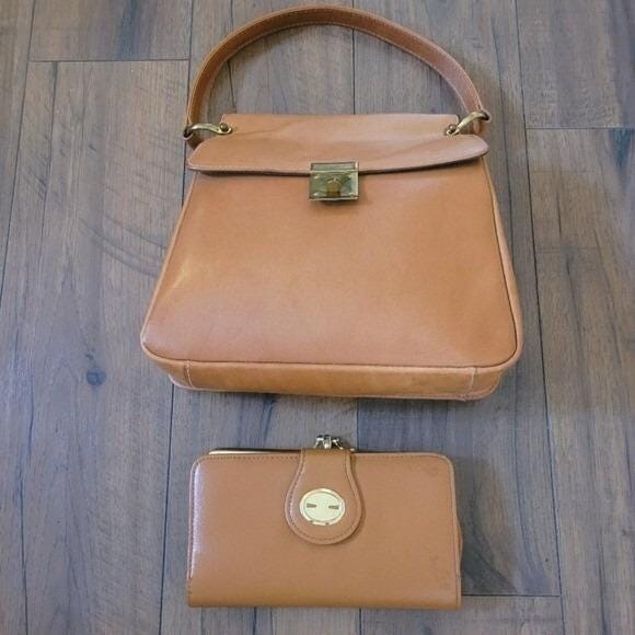 Vintage‎ Tan Leather Top Handle Shoulder Bag and Matching Wallet Gold Hardware